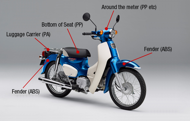 Our products for motorcycle: Fender, Bottom of seat etc.